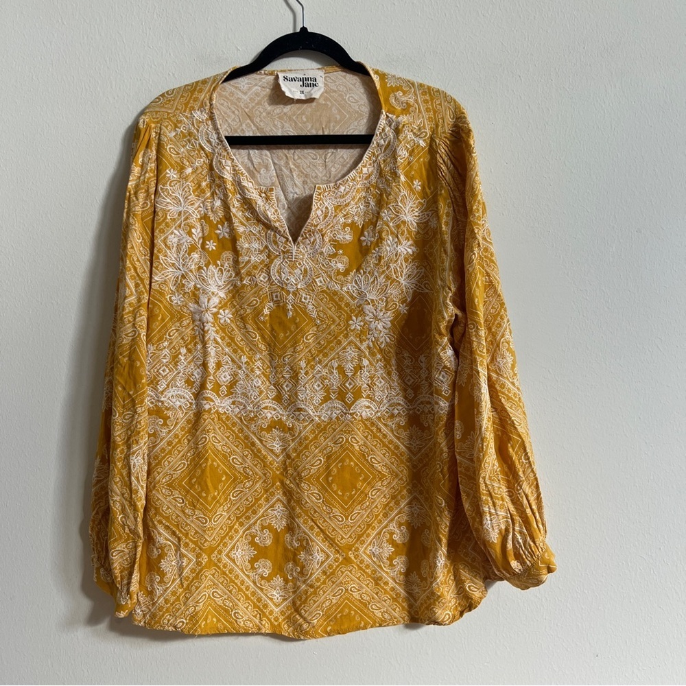 Savanna Jane Yellow Embroidered Shirt Womens Plus Size 2x Sleeve Top